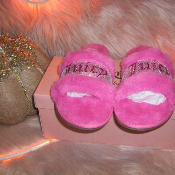 Juicy Couture Slide Slippers Faux Fur Crystals Gravity Pink Women's Sizes - Picture 4 of 15